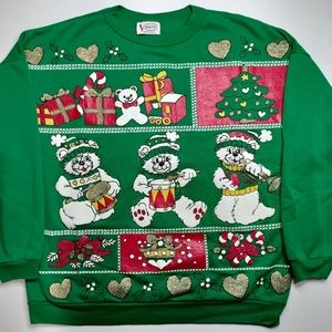 Vintage Christmas Bears Puff Print USA Made Crewneck Sweatshirt